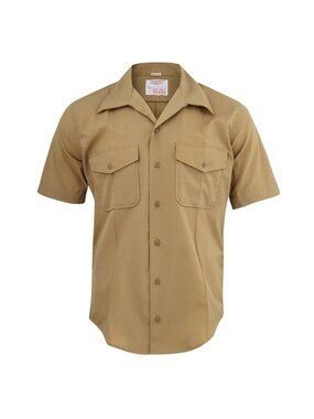 USMC Approved Creighton Button Up Shirt Mens Size Large Tan Short Sleeve Made In